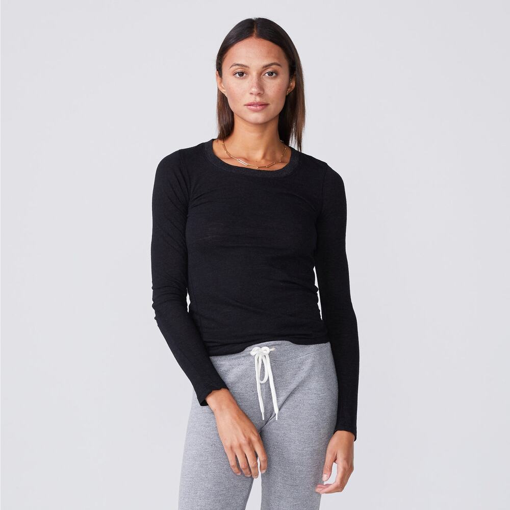 MONROW Textured Tri-Blend Fitted Long Sleeve Crew Size XS Heathered Black